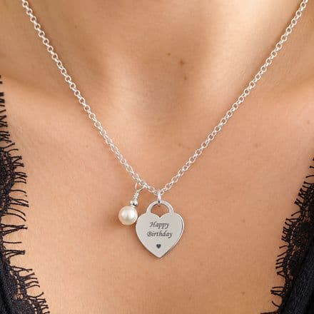 Any Engraving, 925 Sterling Silver Heart Necklace & Pearl, Women