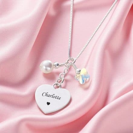 Any Engraving, Heart Necklace with Butterfly & Pearl