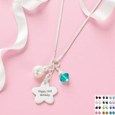 Any Engraving, Silver Flower Necklace with Birthstone