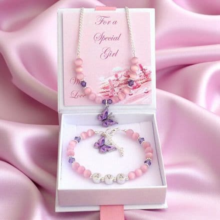 Any Name, Butterfly, Jewellery Set for Girls, Pink & Purple Necklace, Bracelet