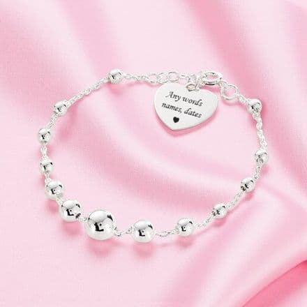 Beaded Bracelet, Sterling Silver with Engraved Heart