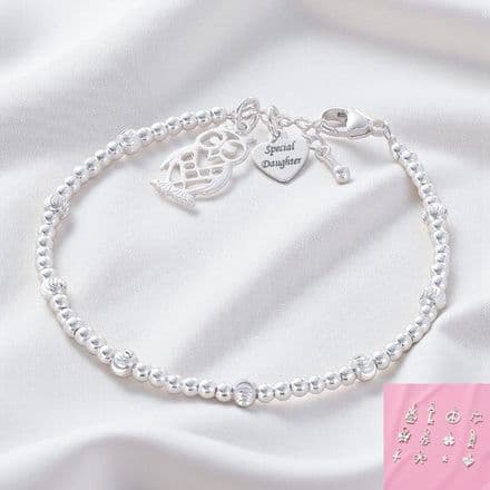 Beaded Silver Bracelet with Engraved Tag and Charm Choice