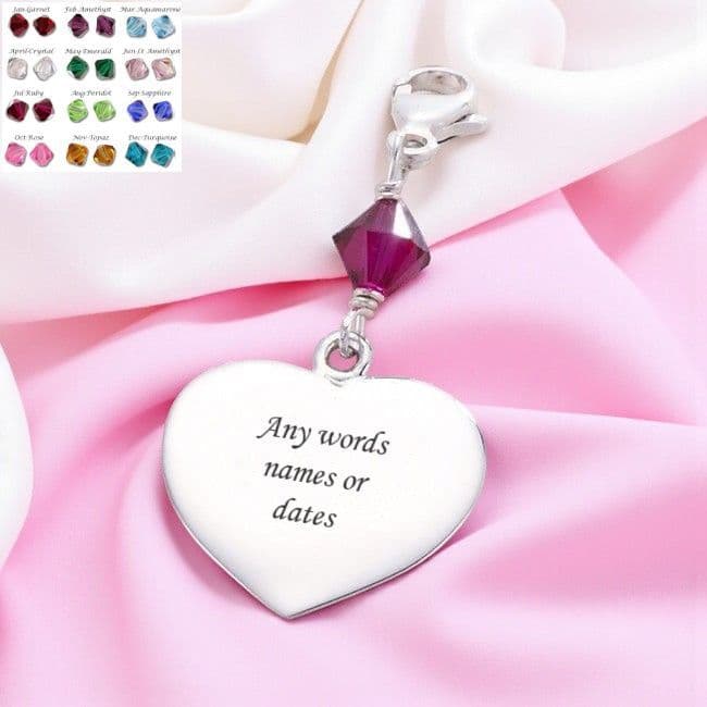 Beautiful Sterling Silver Engraved Heart Birthstone Bag Charm | Jewels 4 Girls