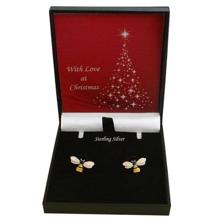 Bee Earrings, .925 Sterling Silver with Sparkling CZ Crystals for Christmas