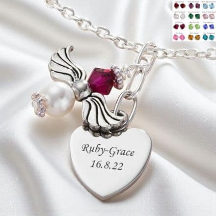 Birthstone Angel Necklace With Engraved Heart