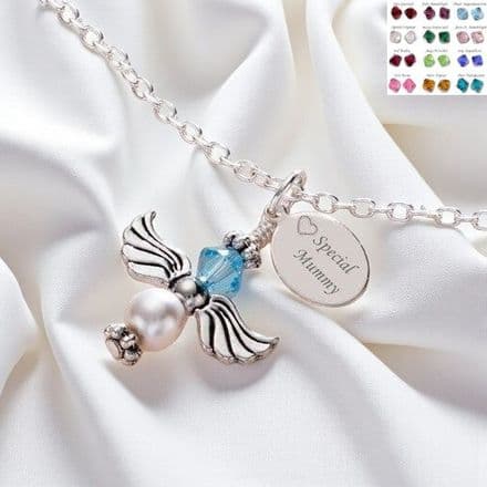 Birthstone Angel Necklace With Engraved Tag