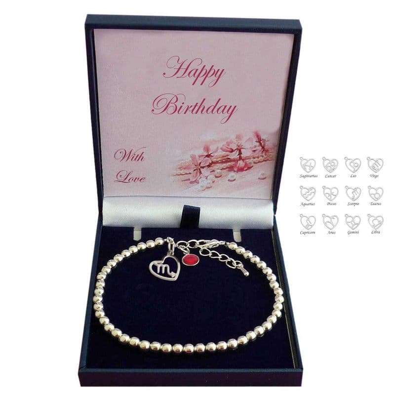 Birthstone, Birthday, Bracelet with Zodiac Charm in a Gift Box | Jewels 4 Girls