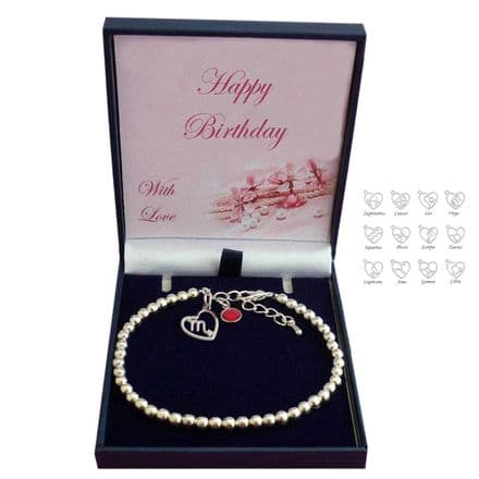 Birthstone, Birthday, Bracelet with Zodiac Charm in a Gift Box