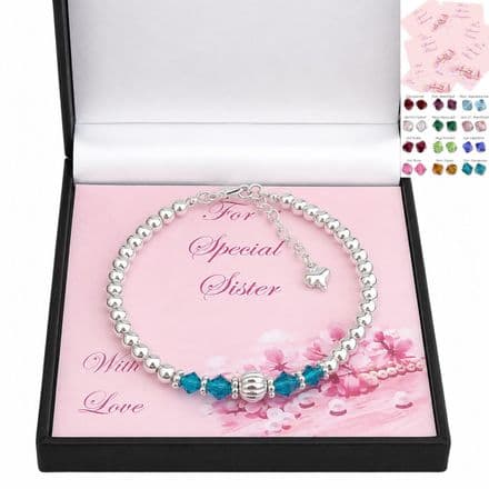 Birthstone Bracelet, Fluted Bead, Card Mount for Nanny, Auntie etc