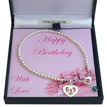 Birthstone Bracelet for 21st Birthday, Sterling Silver Beads