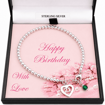 Birthstone Bracelet for 21st Birthday, Sterling Silver Beads