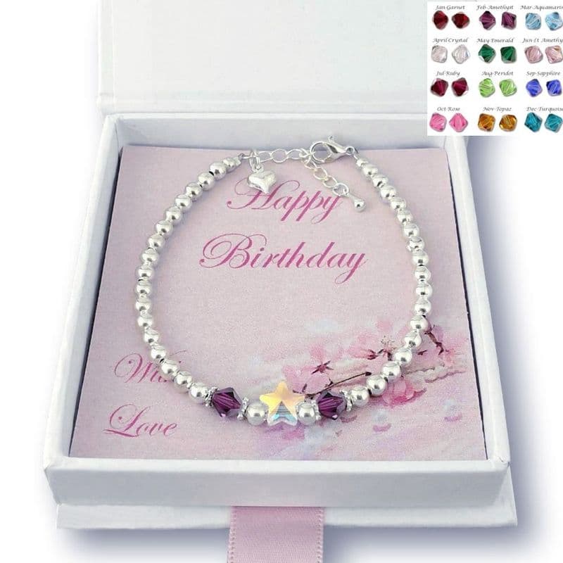 Birthstone Bracelet for Mum, Nanny etc, with Star Bead | Jewels 4 Girls