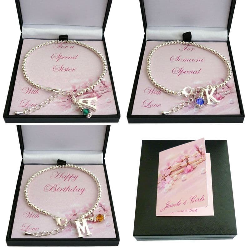 Birthstone Bracelet on Card Mount with Letter Charm | Jewels 4 Girls