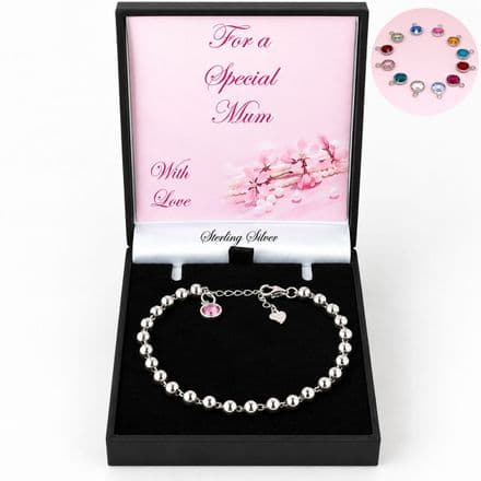 Birthstone Bracelet, Sterling Silver Beads in a Gift Box for Special Mum, Special Daughter etc...