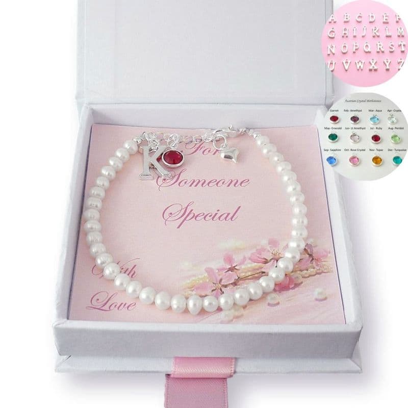 Birthstone Bracelet with Delicate Pearls and Letter Charm | Jewels 4 Girls
