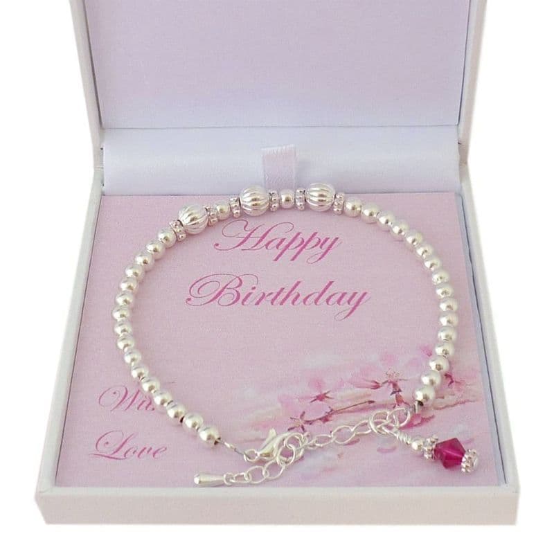 Birthstone Bracelet with Fluted Beads in Special Gift Box | Jewels 4 Girls