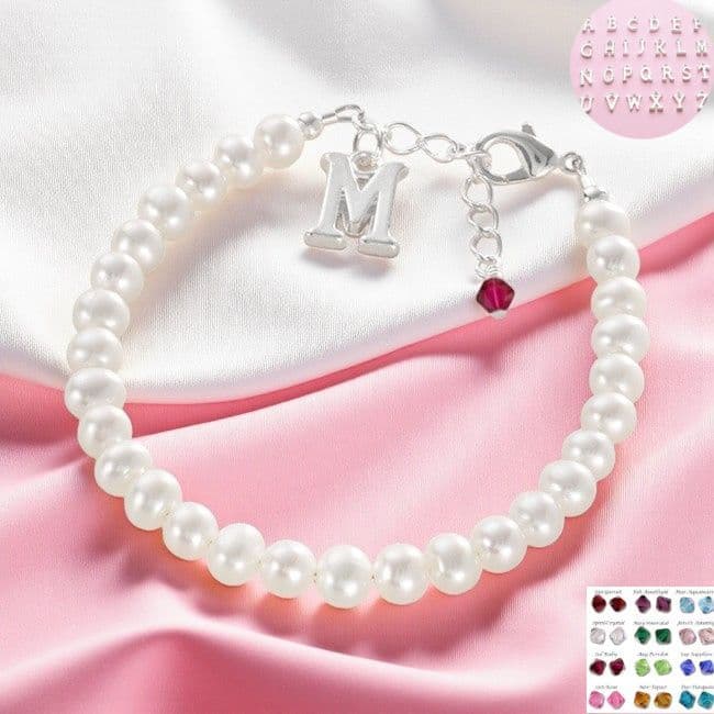 Birthstone Bracelet with Letter Charm & Pearls | Jewels 4 Girls
