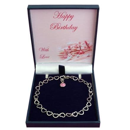 Birthstone Bracelet with Open Heart Link Chain and Birthday Gift Box