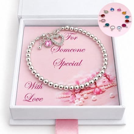 Birthstone Bracelet with Silver Beads, Gift For Daughter, Mum etc