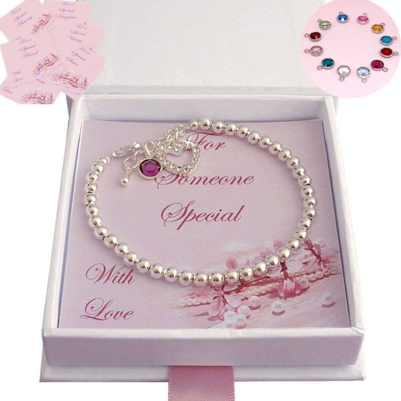 Birthstone Bracelet with Silver Beads, Gift For Daughter, Mum etc| Jewels 4 Girls