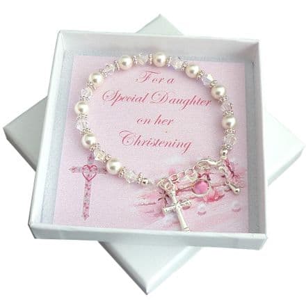 Birthstone Christening Bracelet for Girls with Cross Charm, Daughter, Goddaughter