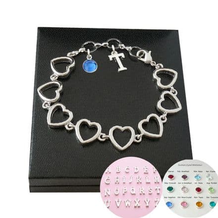 Birthstone Heart Link Bracelet with Letter Charm, Gift Boxed
