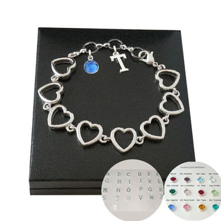 Birthstone Heart Link Bracelet with Letter Charm, Gift Boxed
