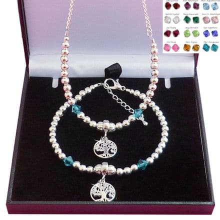 Birthstone Jewellery Set, Necklace & Bracelet, Tree of Life