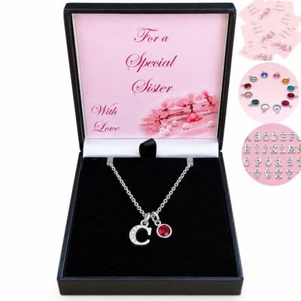 Birthstone Necklace with Any Silver Initial. Gift for Daughter, Mum etc