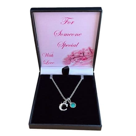 Birthstone Necklace with Any Silver Initial. Gift for Daughter, Mum etc