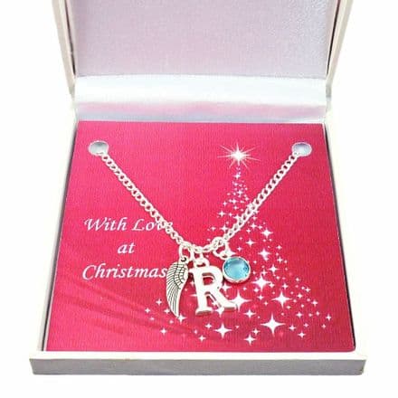 Birthstone Necklace with Letter and Wing in Christmas Gift Box