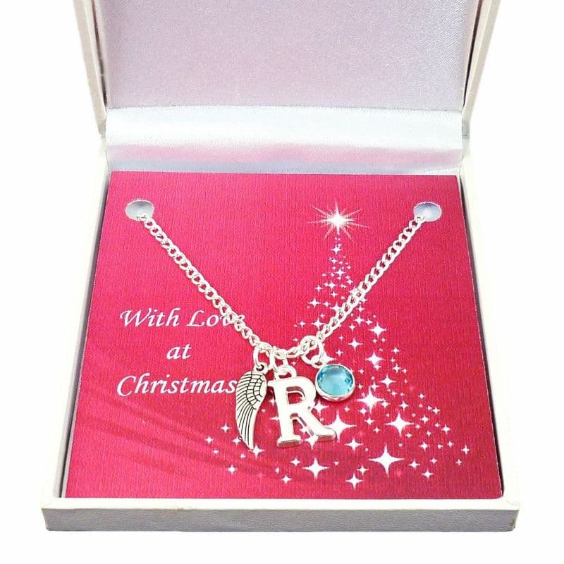 Birthstone Necklace with Letter and Wing in Christmas Gift Box | Jewels 4 Girls
