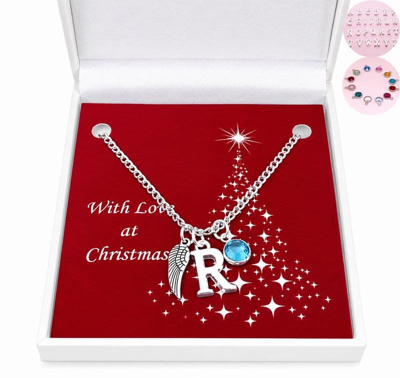 Birthstone Necklace with Letter and Wing in Christmas Gift Box | Jewels 4 Girls