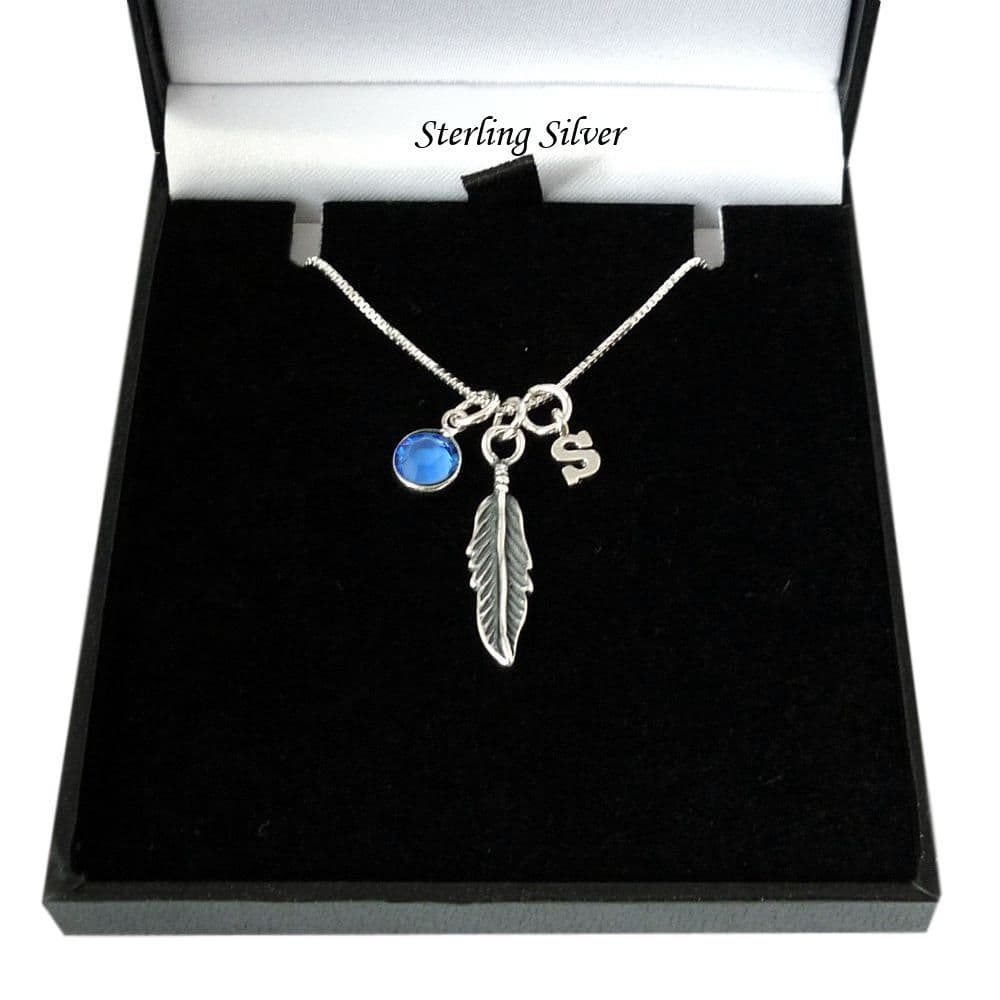 Birthstone Necklace with Letter Charm and Silver Feather Jewels