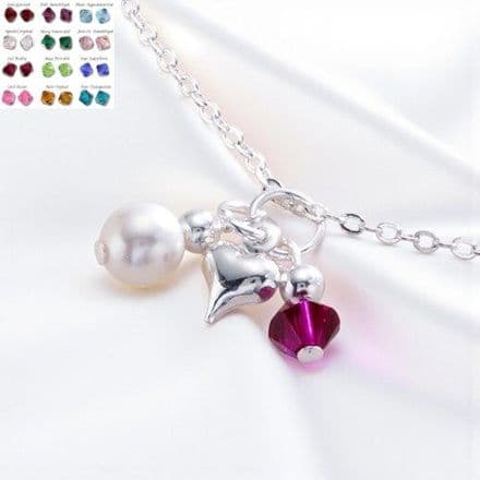 Birthstone, Pearl & Puffed Heart Necklace