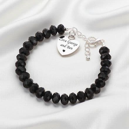 Black Crystal Roundelle Bracelet with Engraved Heart