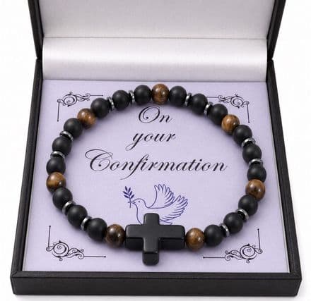 Boys Cross Bracelet with Tigers Eye Beads Beads, Confirmation Gift