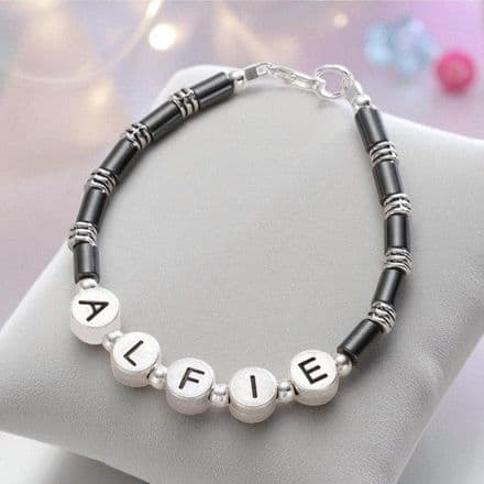 Boys Hematite Name Bracelet - Pewter Letters.