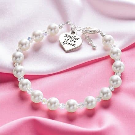 Bracelet for Mother Of The Groom, Pearl and Crystal Bracelet with Heart Charm