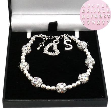 Bracelet with Letter Charm and Sparkly Silver Beads, Sizes for Women & Girls