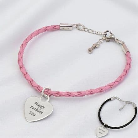 Braided Leather Personalised Bracelet, Pink or Black