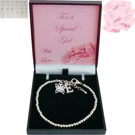 Butterfly Bracelet with Letter Charm and Silver Beads,  for a Daughter, Sister, Niece etc