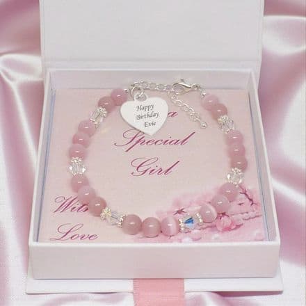 Cats Eye & Crystal Bracelet with Engraved Heart
