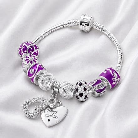 Charm Bead Bracelet in purple with Engraved Charm