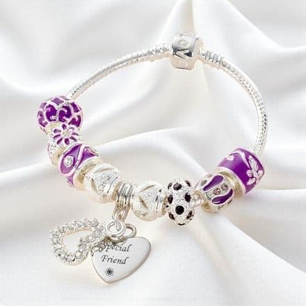 Charm Bead Bracelet in purple with Engraved Charm