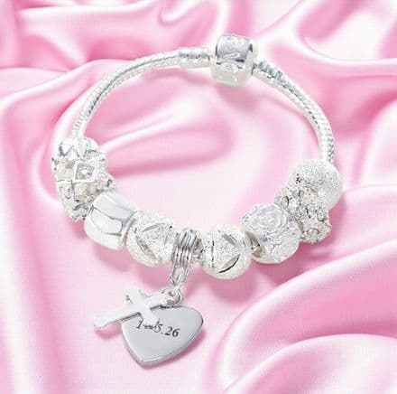 Charm Bead Bracelet in White with Engraved Charm