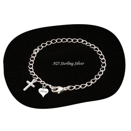 Charm Bracelet with Cross Charm and Engraved Heart Tag