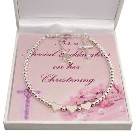 Christening Bracelet for Girl with Cross. Gift for Daughter, Goddaughter