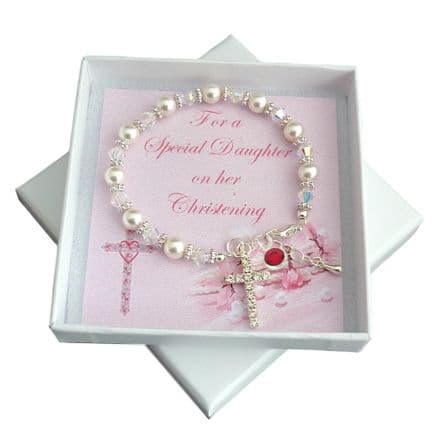 Christening Bracelet for Girls with Birthstone and Crystal Cross Charm