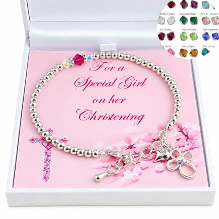 Christening Bracelet for Girls with Birthstone. Gift for Goddaughter etc